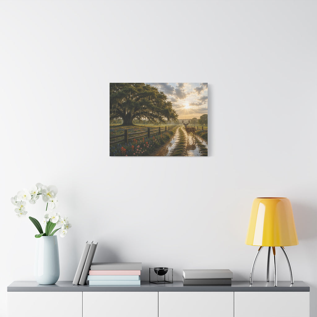 A framed wall art print depicting a scenic country road with a large tree, fence, flowers, and warm sunset light, displayed on a white wall above a console table with books, a vase of white flowers, and a yellow lamp.