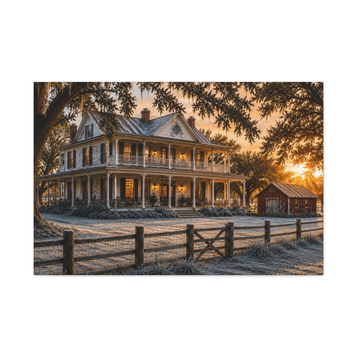 A rectangular First Frost wall art print showing a historic farmhouse with a wraparound porch, frosted yard, trees, a fence, and warm sunrise light on a white background.