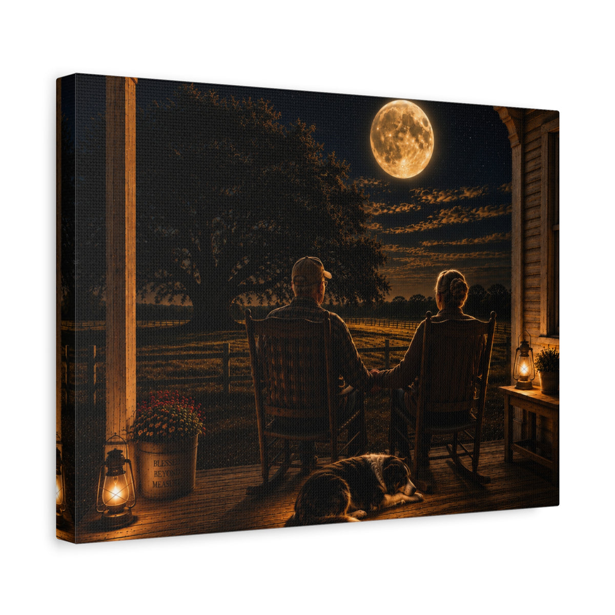 A rectangular Harvest Moon canvas print showing an older couple holding hands in rocking chairs on a farmhouse porch with a sleeping dog, glowing lanterns, and a full moon over the fields, photographed at an angle on a white background.