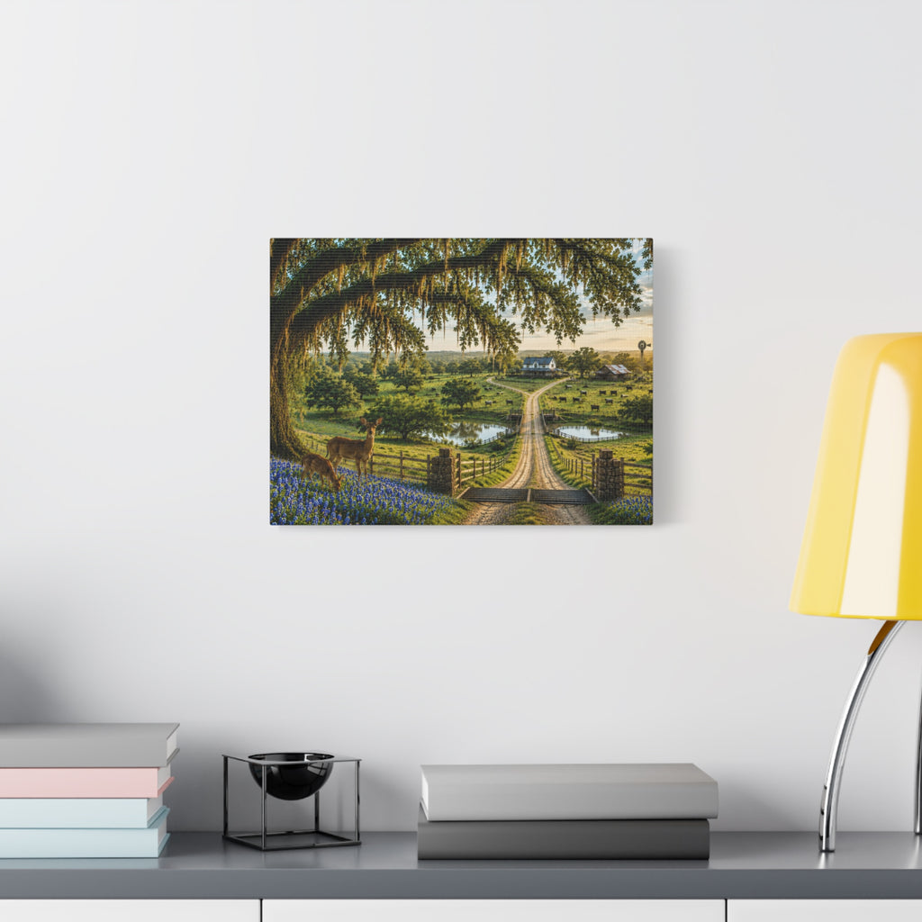 A framed landscape art print depicting a country road with a large tree, blue flowers, and a horse, displayed on a white wall above a shelf with books and a yellow lamp.