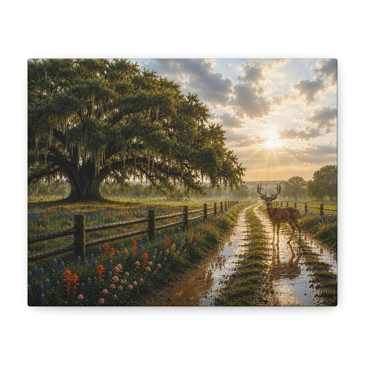 A rectangular canvas print featuring a scenic landscape painting of a deer standing on a muddy road beneath a large mossy oak tree, with wildflowers, a wooden fence, and a glowing sunset sky.