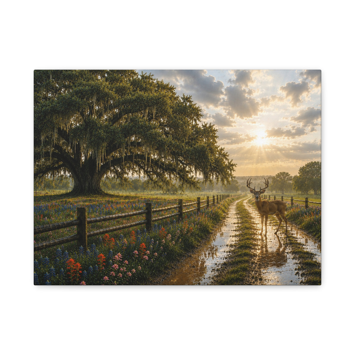 A rectangular wall art print showing a rural landscape with a large mossy oak tree, wooden fence, wildflowers, a muddy path, and a deer under a dramatic sunset sky. The print is photographed against a plain white background.