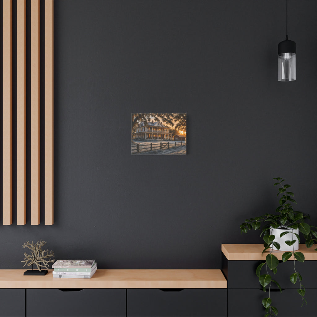 A First Frost canvas print showing a historic farmhouse, frosted yard, fence, and warm sunrise light, displayed on a dark wall with wooden shelves and a small plant.