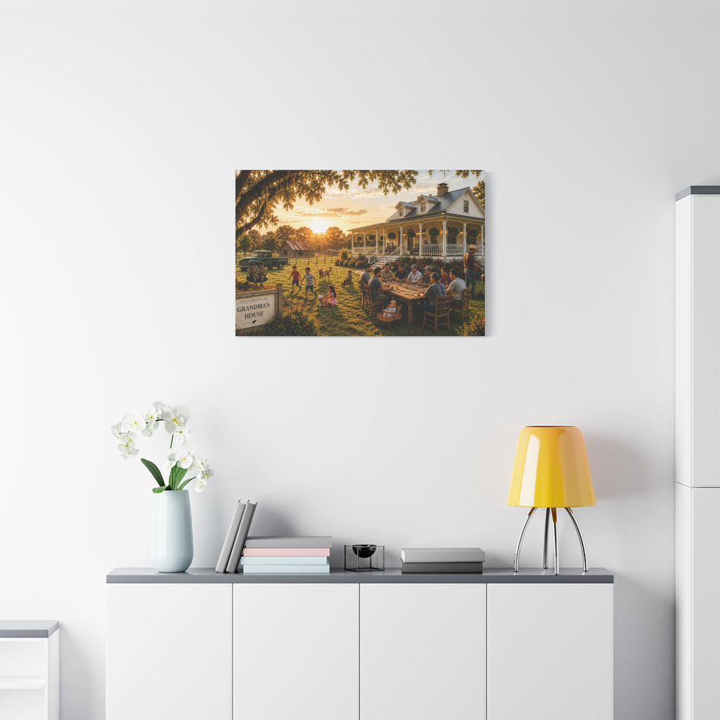 A rectangular Grandma's House canvas print showing a family gathered around a table in a rural farmhouse yard at sunset, with children, trees, vintage trucks, and a Grandma's House sign, photographed at an angle on white.
