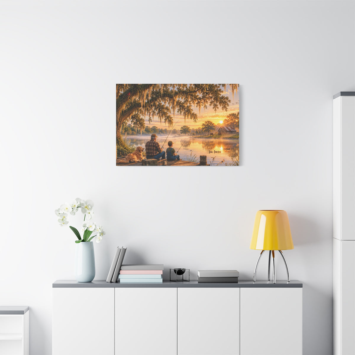 Grandpa and Me canvas print depicting a grandfather and child fishing from a wooden dock with a golden retriever beneath a moss-draped oak at sunset, with ducks on the pond and a barn in the distance.