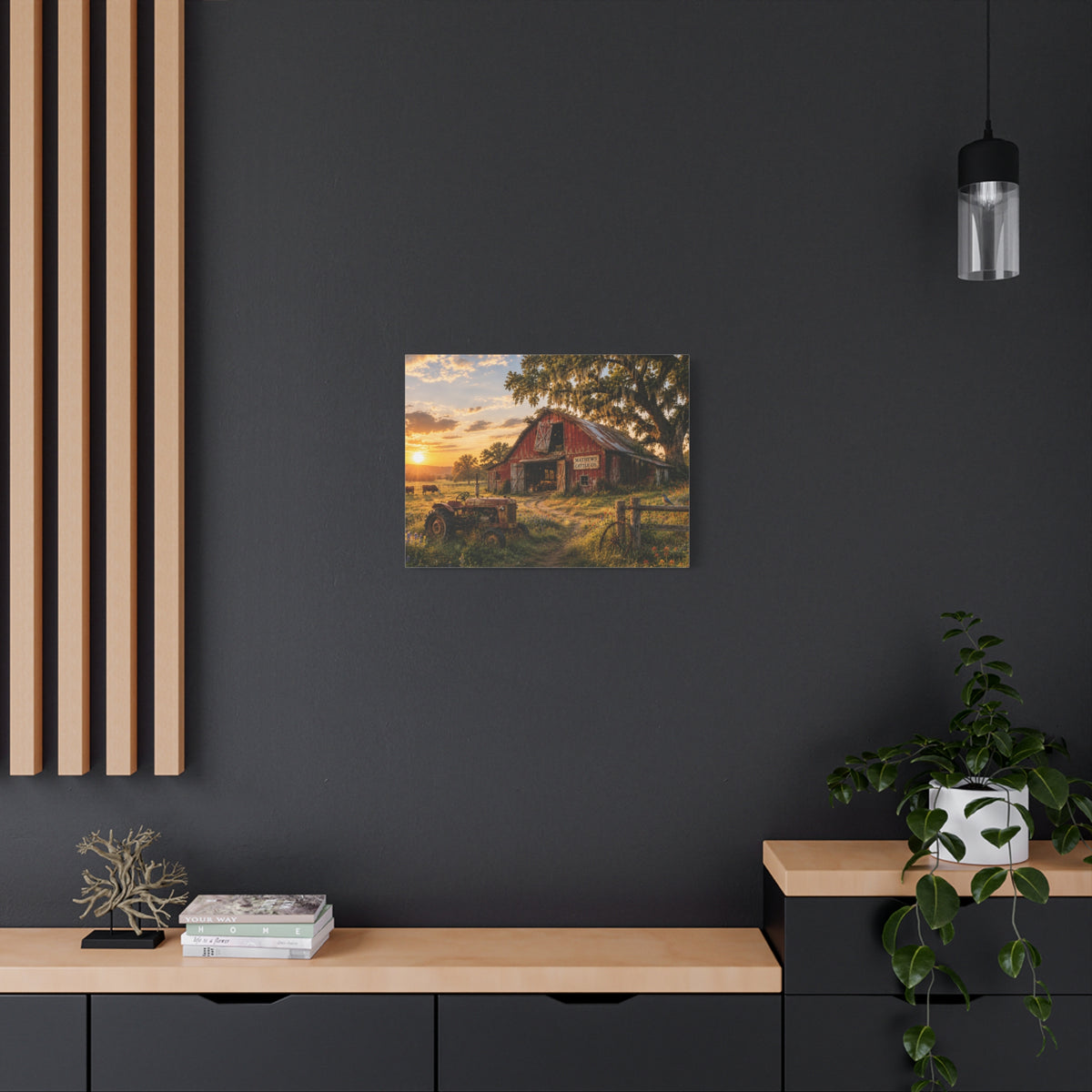 The Old Red Barn canvas print depicting a weathered red cattle barn beneath a moss-draped oak at sunset, with a vintage tractor, grazing cows, a wooden fence, and wildflowers in the foreground.