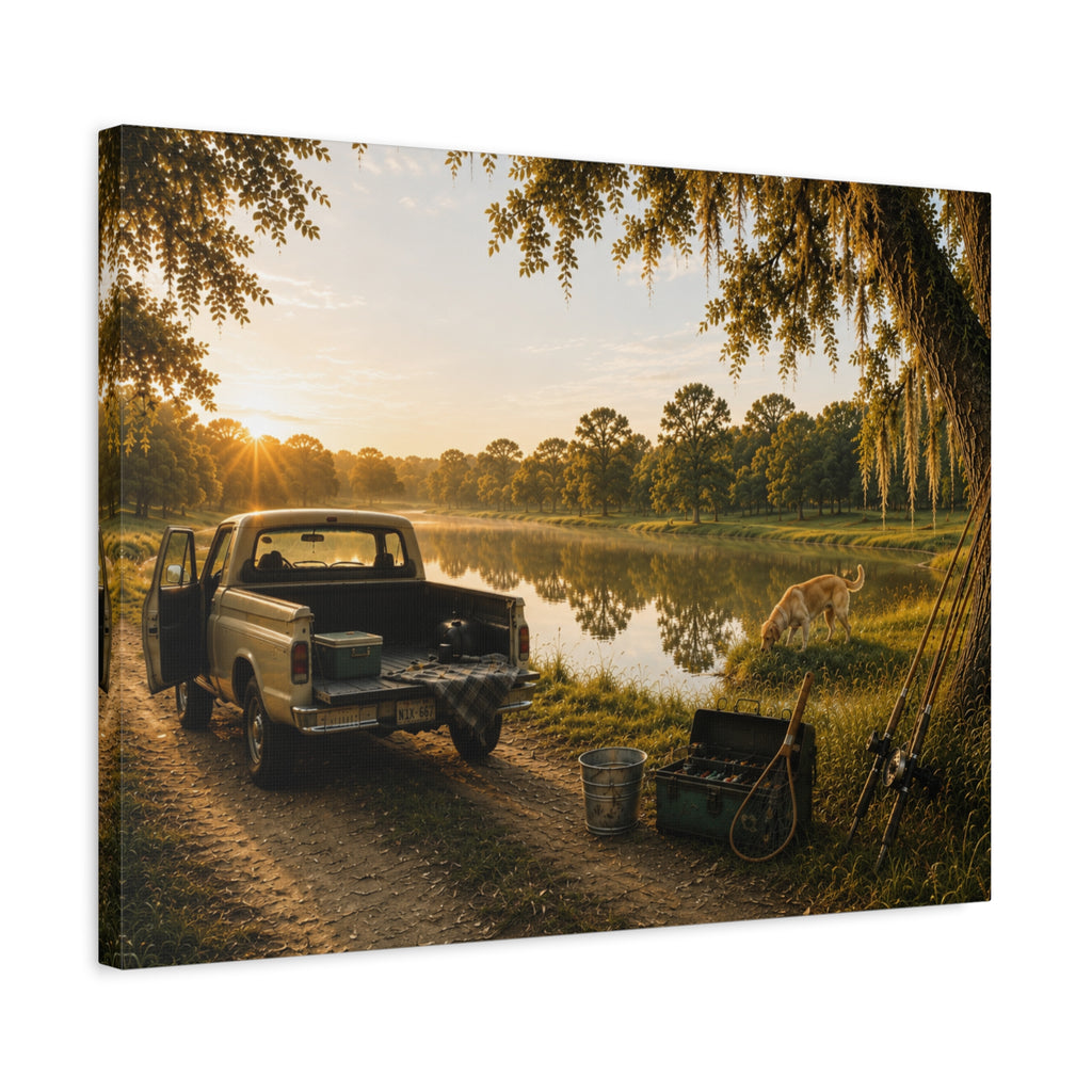 A rectangular The Old Fishing Hole canvas print showing a vintage pickup parked beside a quiet pond at sunset, with a dog, fishing rods, tackle, a cooler, and a moss-draped tree, photographed at an angle on a white background.