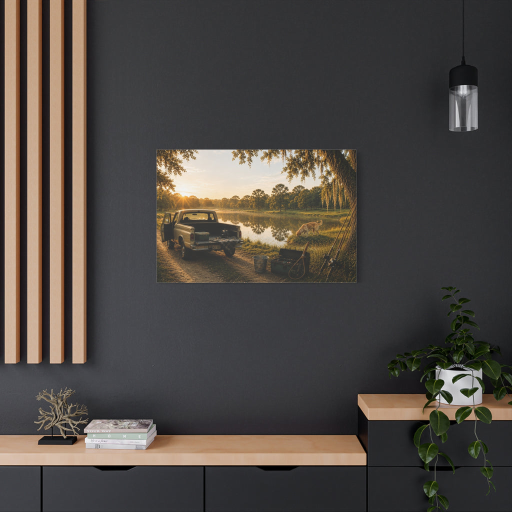 A rectangular The Old Fishing Hole canvas print showing a vintage pickup parked beside a quiet pond at sunset, with a dog, fishing rods, tackle, a cooler, and a moss-draped tree, displayed on a dark charcoal wall above a light wood console with books, a plant, and decor.