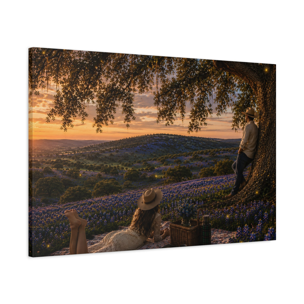 A rectangular canvas wall art print showing a romantic outdoor landscape at sunset, with a large tree, rolling hills covered in blue flowers, and two people sitting and standing under the tree. The canvas is photographed at a slight angle against a plain white background.