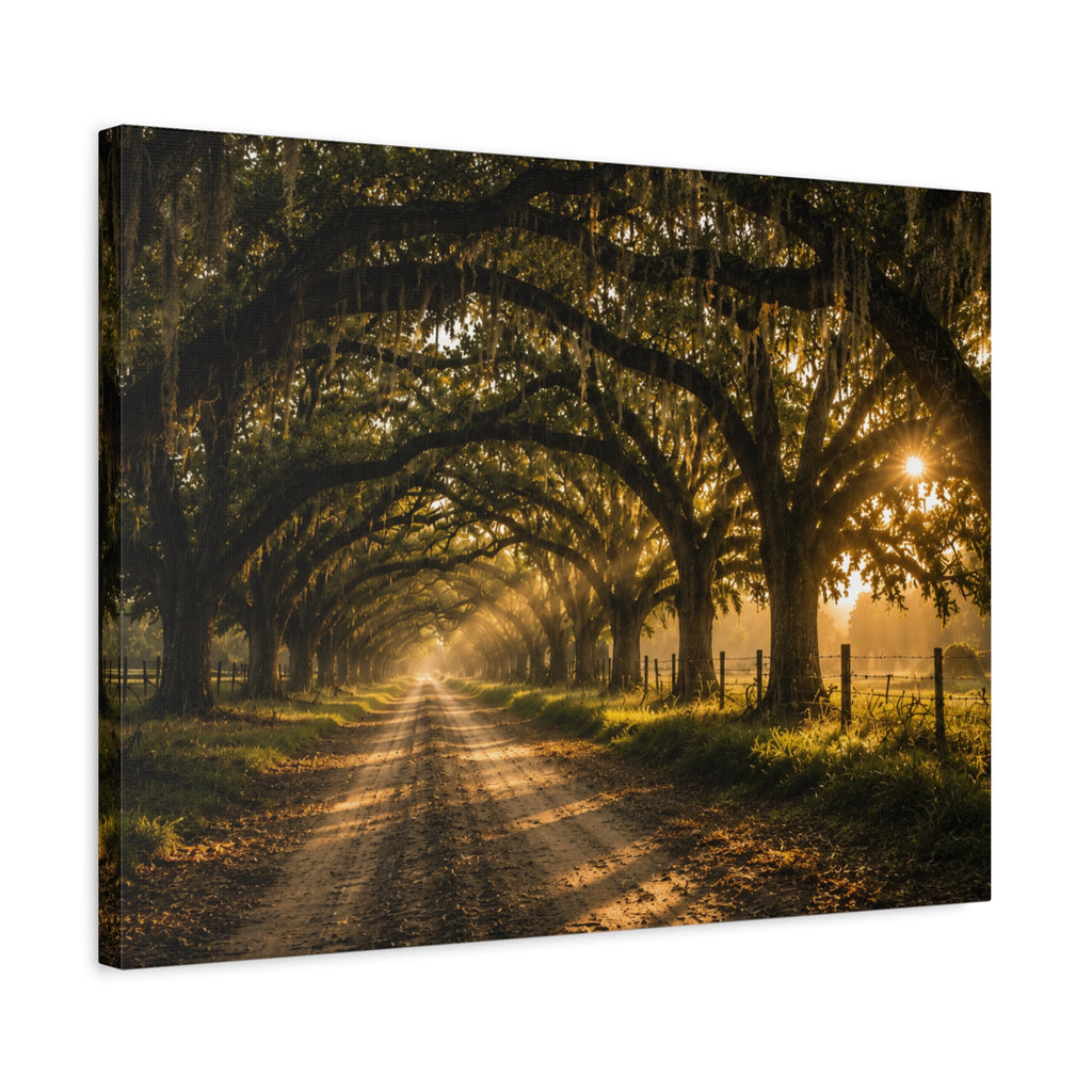 A rectangular Sunday Morning canvas print showing a sunlit dirt road beneath a tunnel of moss-draped oak trees, with fences and warm morning light filtering through the branches, photographed at an angle on a white background.