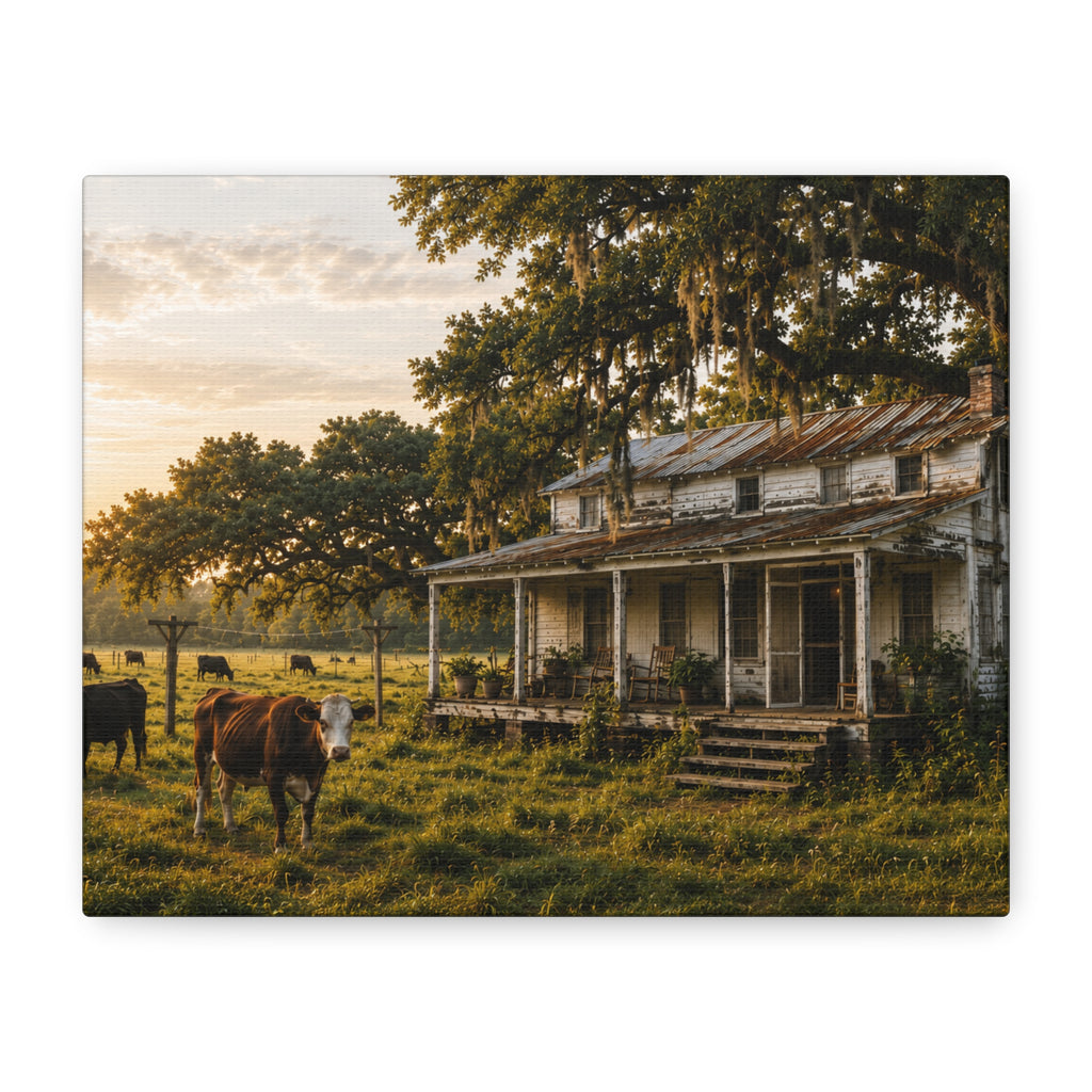 A rectangular The Good Old Homestead canvas print showing a weathered two-story farmhouse with a front porch in a grassy pasture, with a cow in the foreground, cattle, moss-draped oak trees, and warm sunset light, photographed at an angle on a white background.