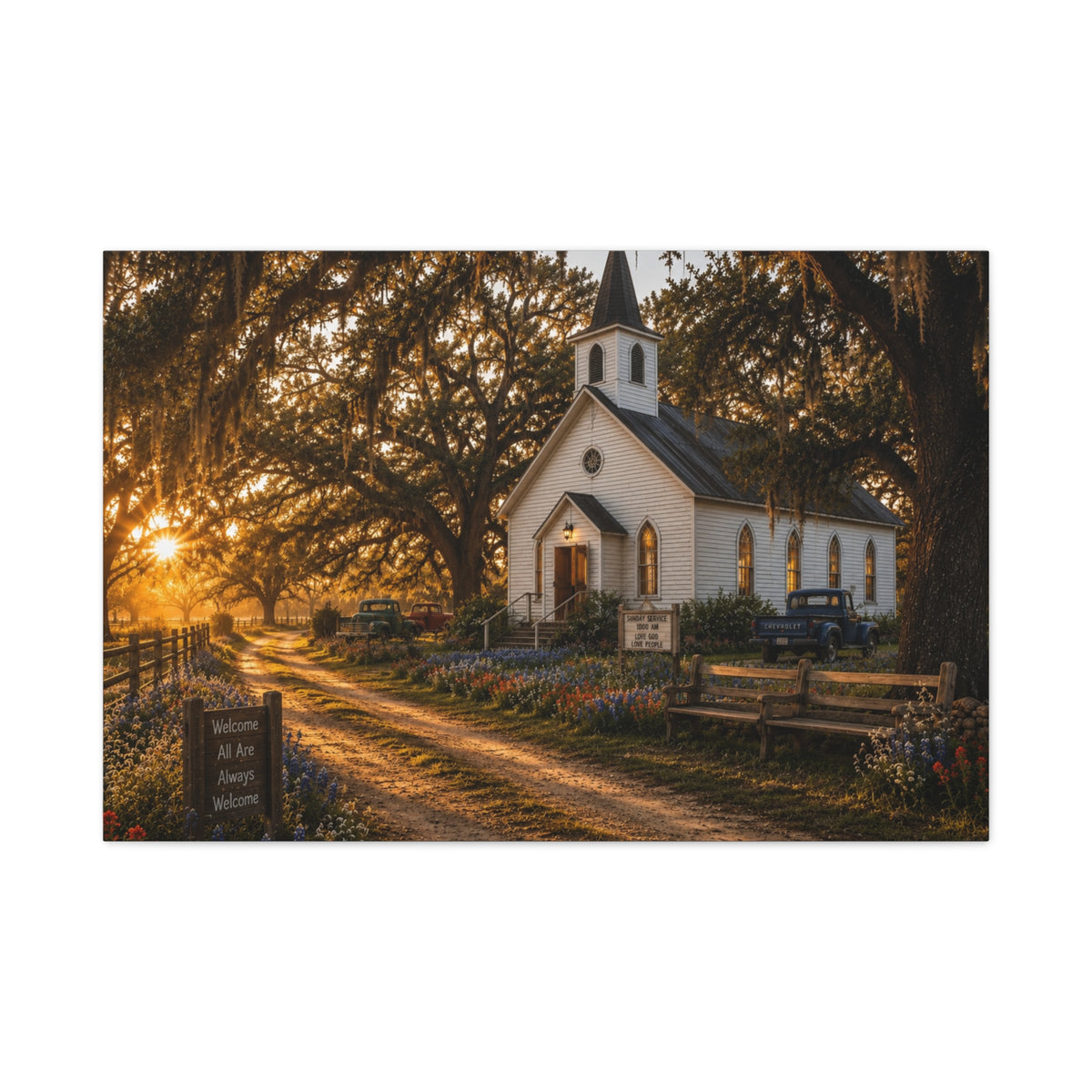 A rectangular The Country Church wall art print showing a small white country church with a steeple beside a dirt path, framed by moss-draped oak trees, rustic benches, wildflowers, and warm sunset light, centered on a light gray background.