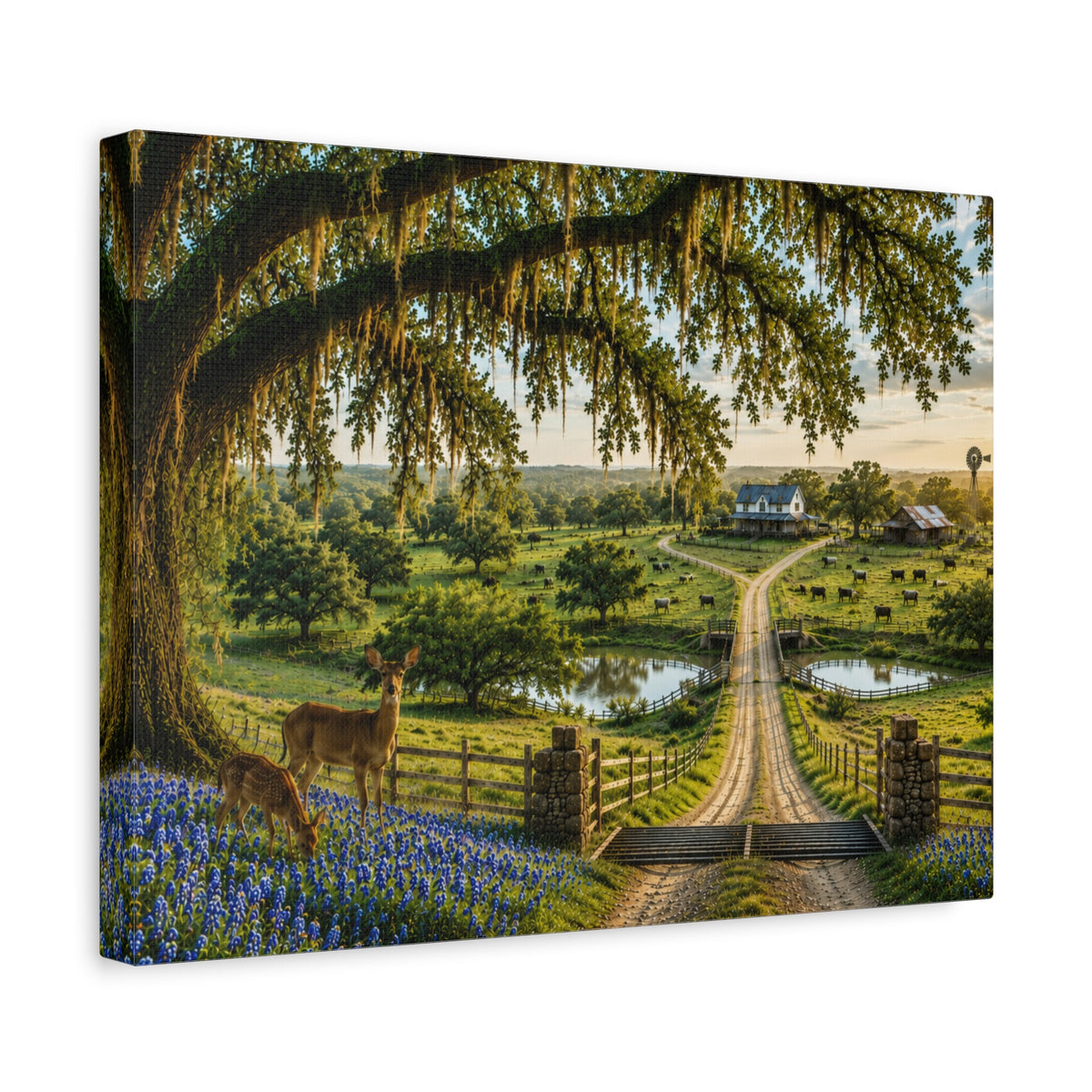 A rectangular canvas wall art print showing a pastoral farm landscape with a large mossy tree, blue flowers, a deer, a dirt road, ponds, and small buildings in the distance, photographed against a plain white background.