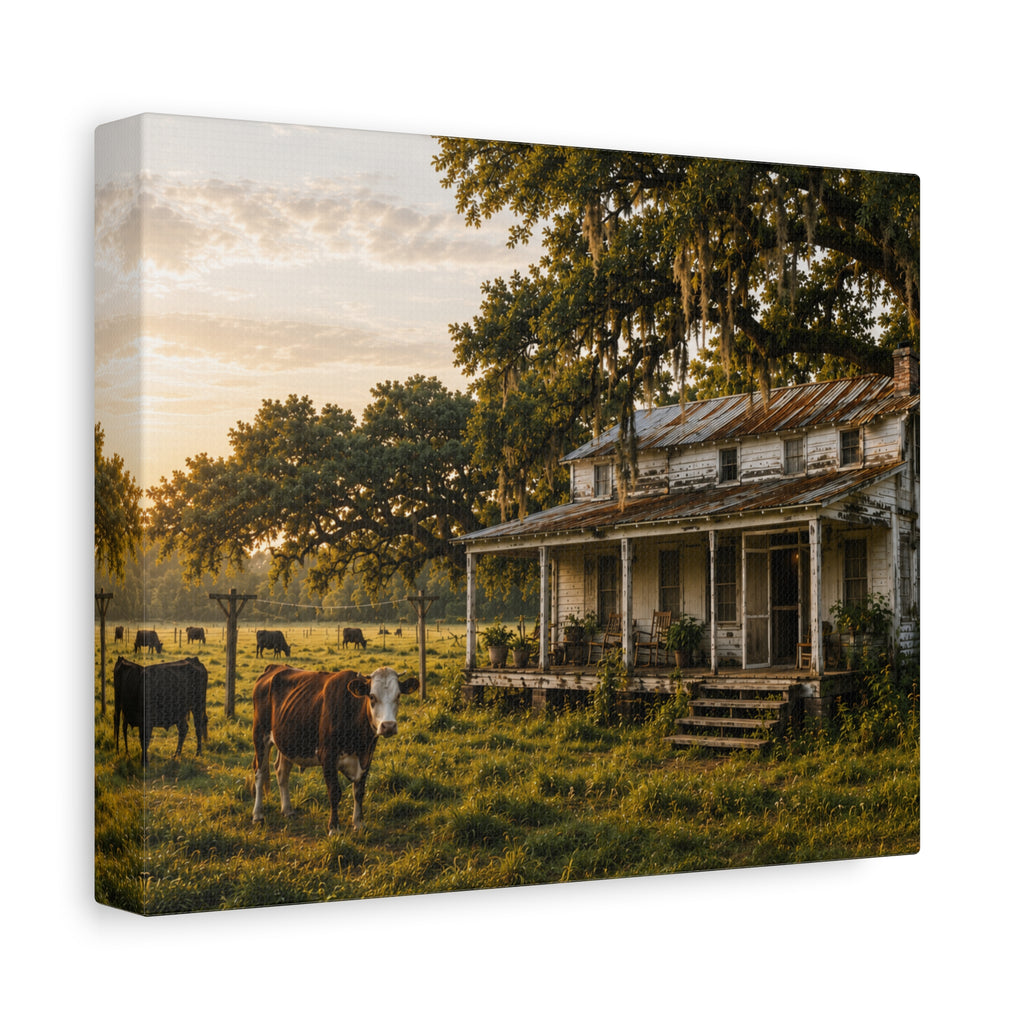 A square The Good Old Homestead canvas print showing a weathered two-story farmhouse with a front porch in a grassy pasture, with a cow in the foreground, cattle, moss-draped oak trees, and warm sunset light, photographed at an angle on a white background.