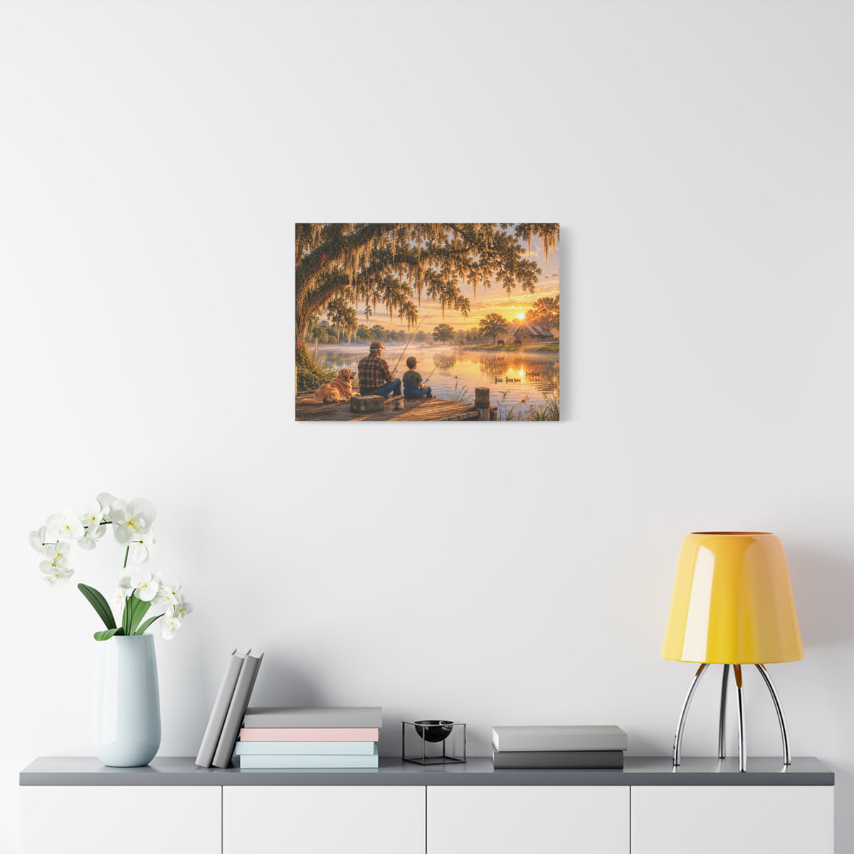 Grandpa and Me canvas print depicting a grandfather and child fishing from a wooden dock with a golden retriever beneath a moss-draped oak at sunset, with ducks on the pond and a barn in the distance.