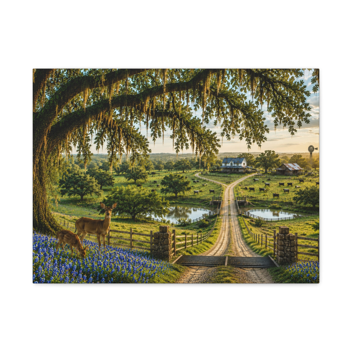A rectangular wall art print or canvas showing a pastoral farm landscape with a dirt road leading to a farmhouse, bluebonnets in the foreground, a large mossy tree, and two deer, photographed against a plain white background.