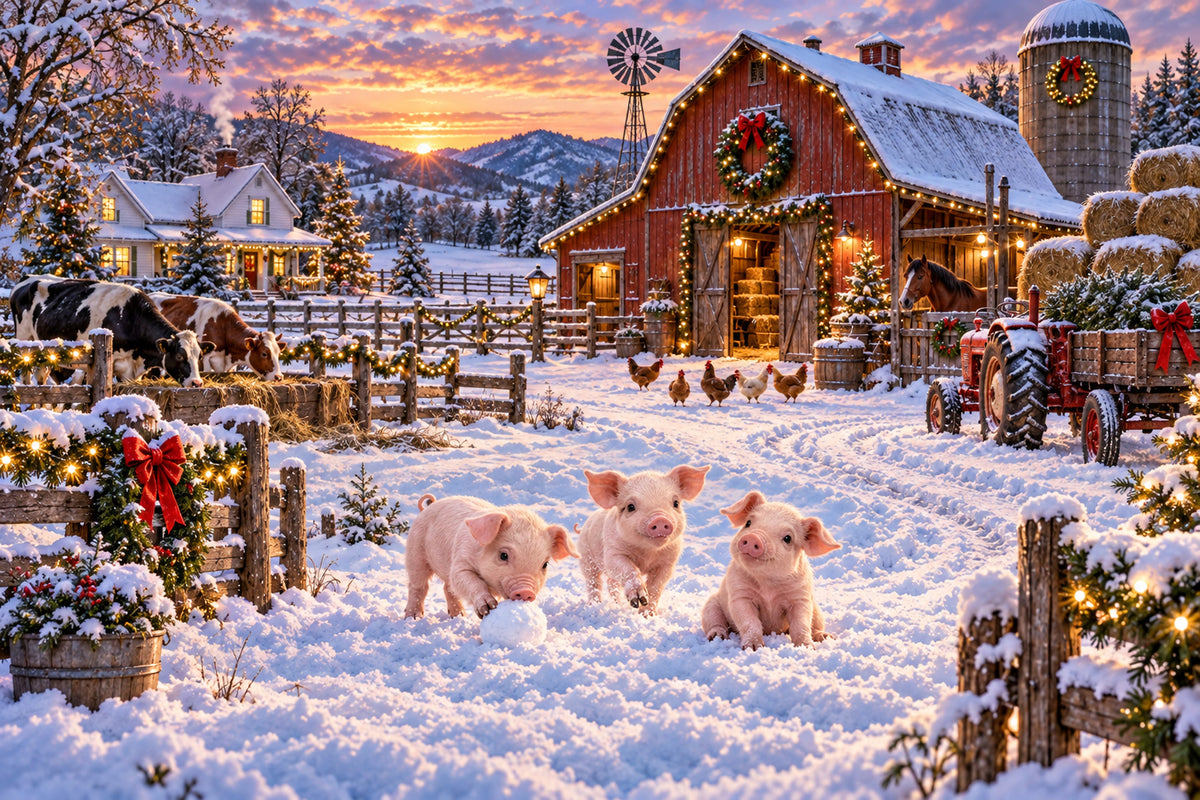 Baby Piglets at the Busy Christmas Farm Canvas Print