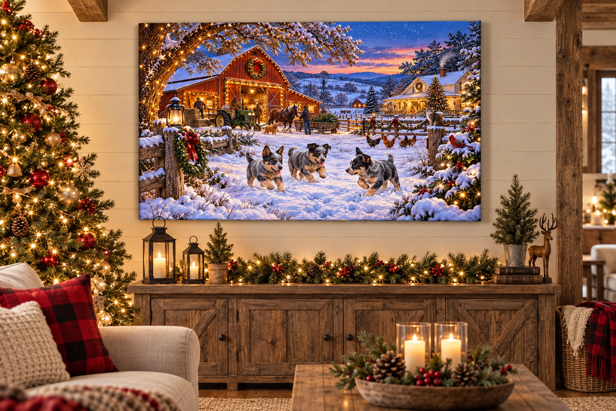 Blue Heeler Puppies at the Christmas Farm Canvas Print